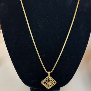 Paquette Signed Gold Filigree Square Pendant Necklace- Snake Chain